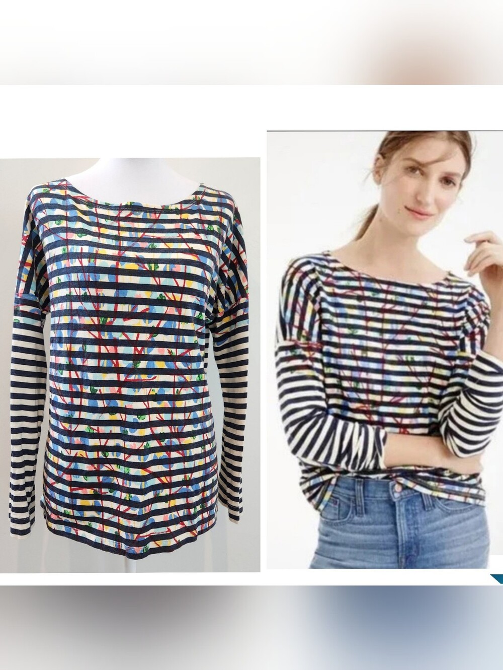 J.CREW Michael De Feo Abstract Striped  Boat Neck Lagenlook Artsy Shirt Size S